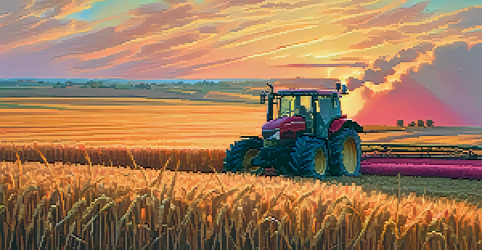 A scenic sunset over Kansas wheat fields with a farmer using a tractor.
