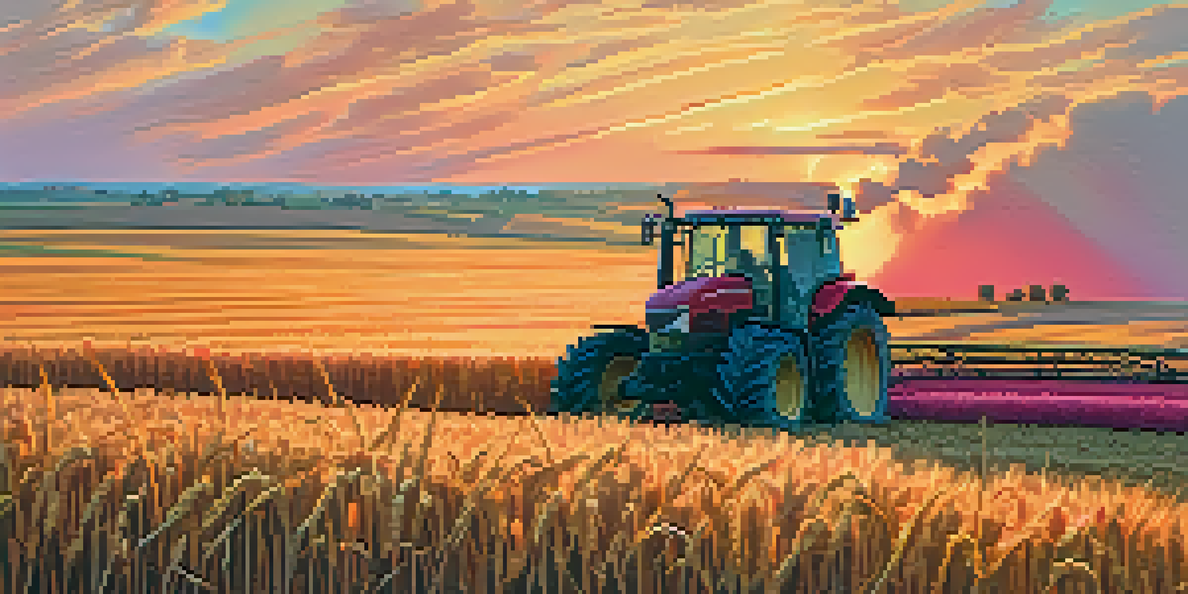 A scenic sunset over Kansas wheat fields with a farmer using a tractor.