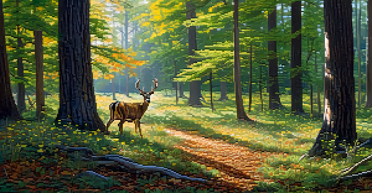 A serene Kansas forest scene with a grazing deer and sunlight filtering through the trees.