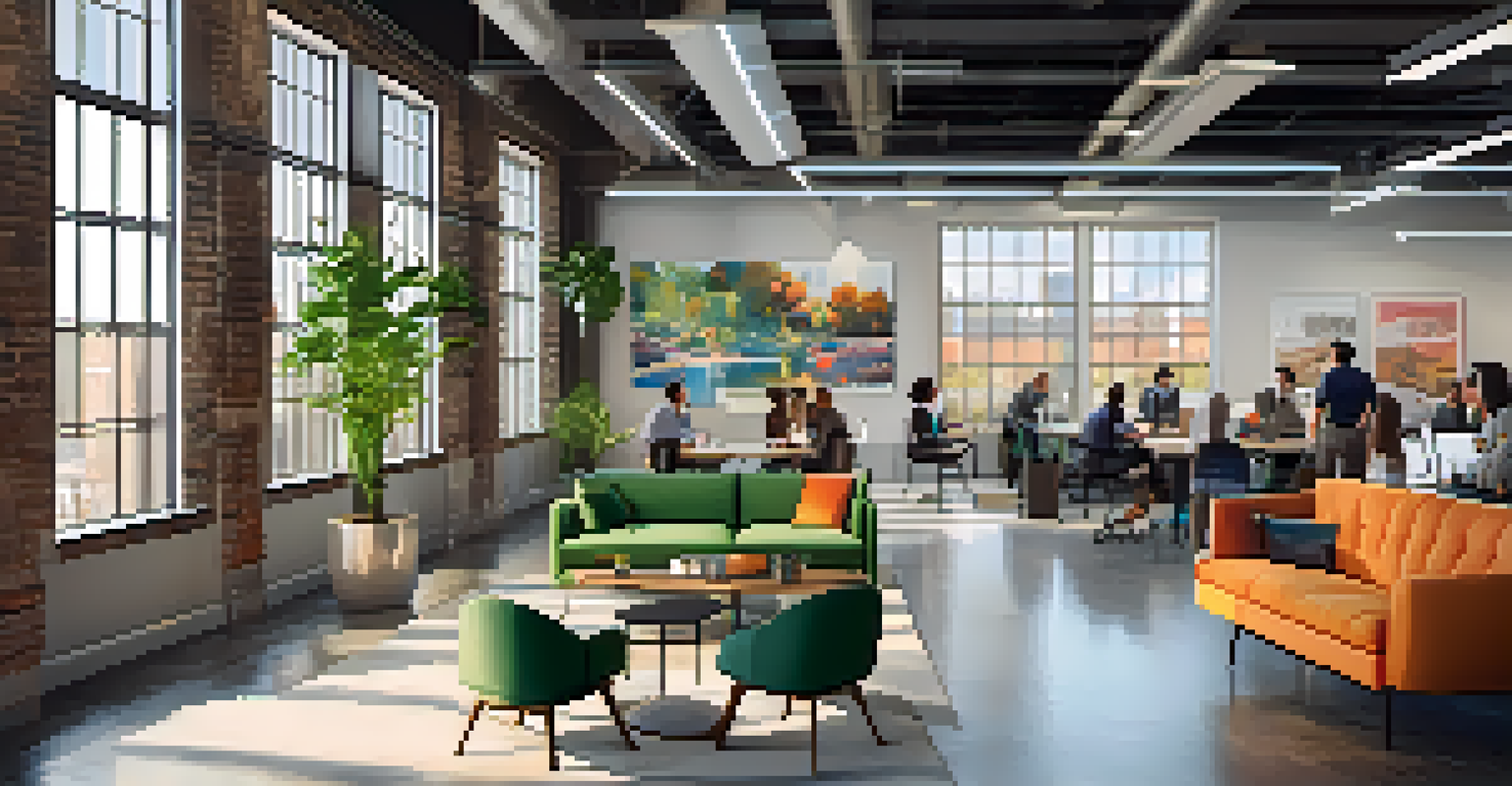 A modern co-working space in Kansas City with professionals collaborating and sharing ideas in a bright, artistic setting.