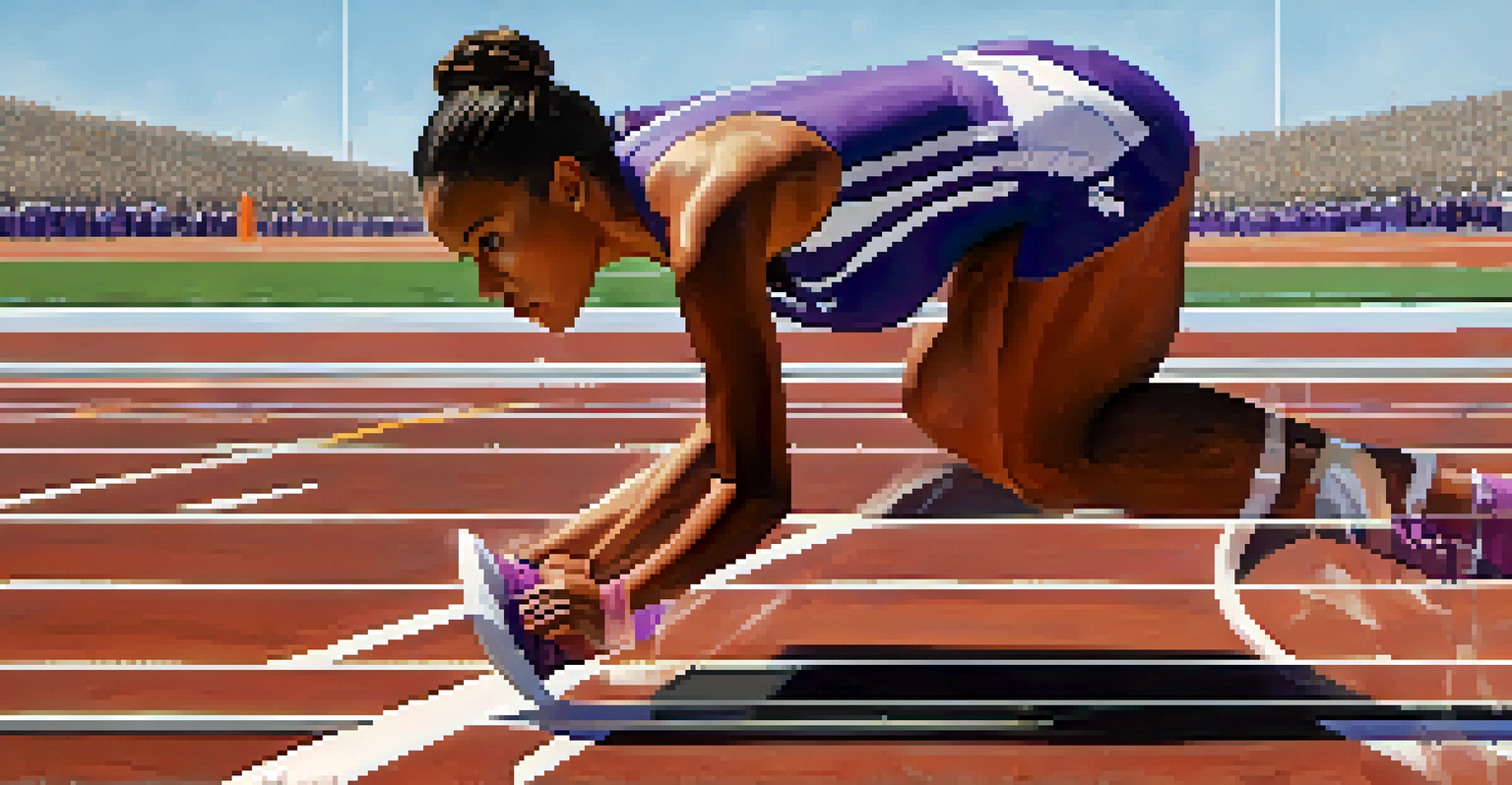 A determined Kansas State Wildcats female track athlete at the starting line, ready to race, with a clear blue sky in the background.
