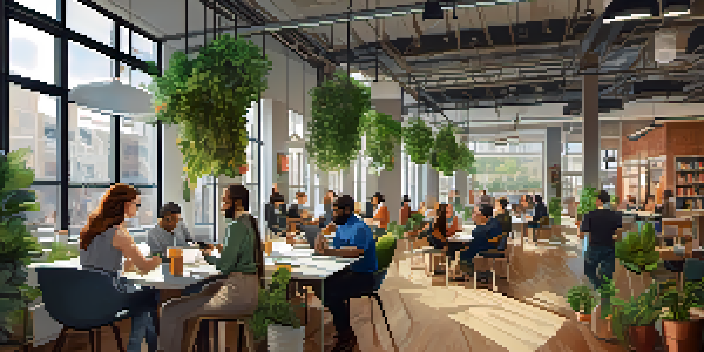 A vibrant co-working space in Kansas City with diverse entrepreneurs collaborating, surrounded by modern decor and natural light.