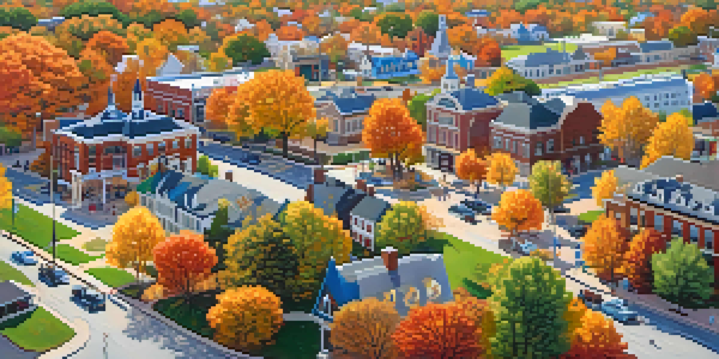 Aerial view of a small Kansas town in autumn, with colorful trees and shops bustling with people.