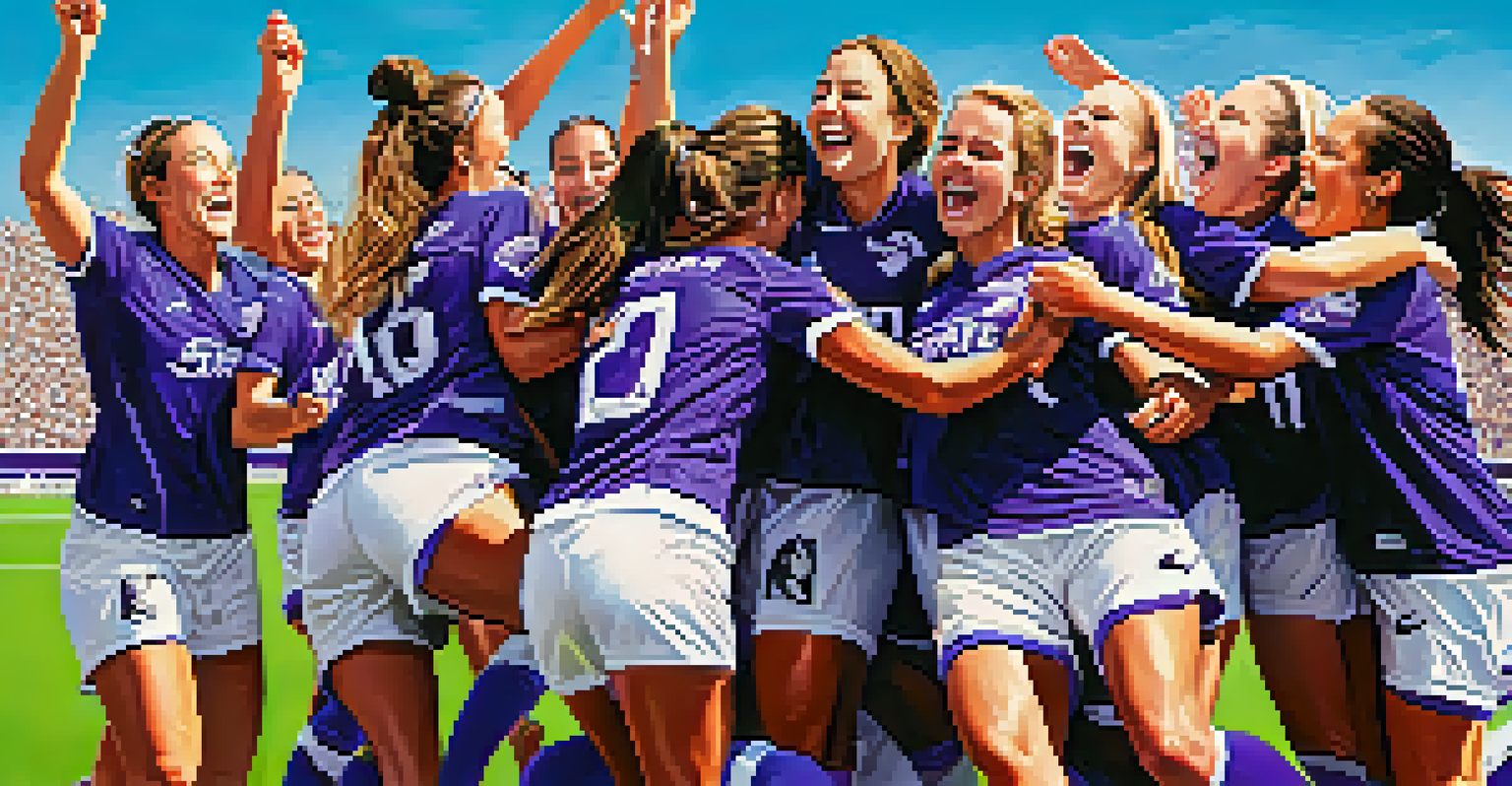 A close-up of K-State Wildcats women's soccer players celebrating a goal with smiles and excitement on their faces.