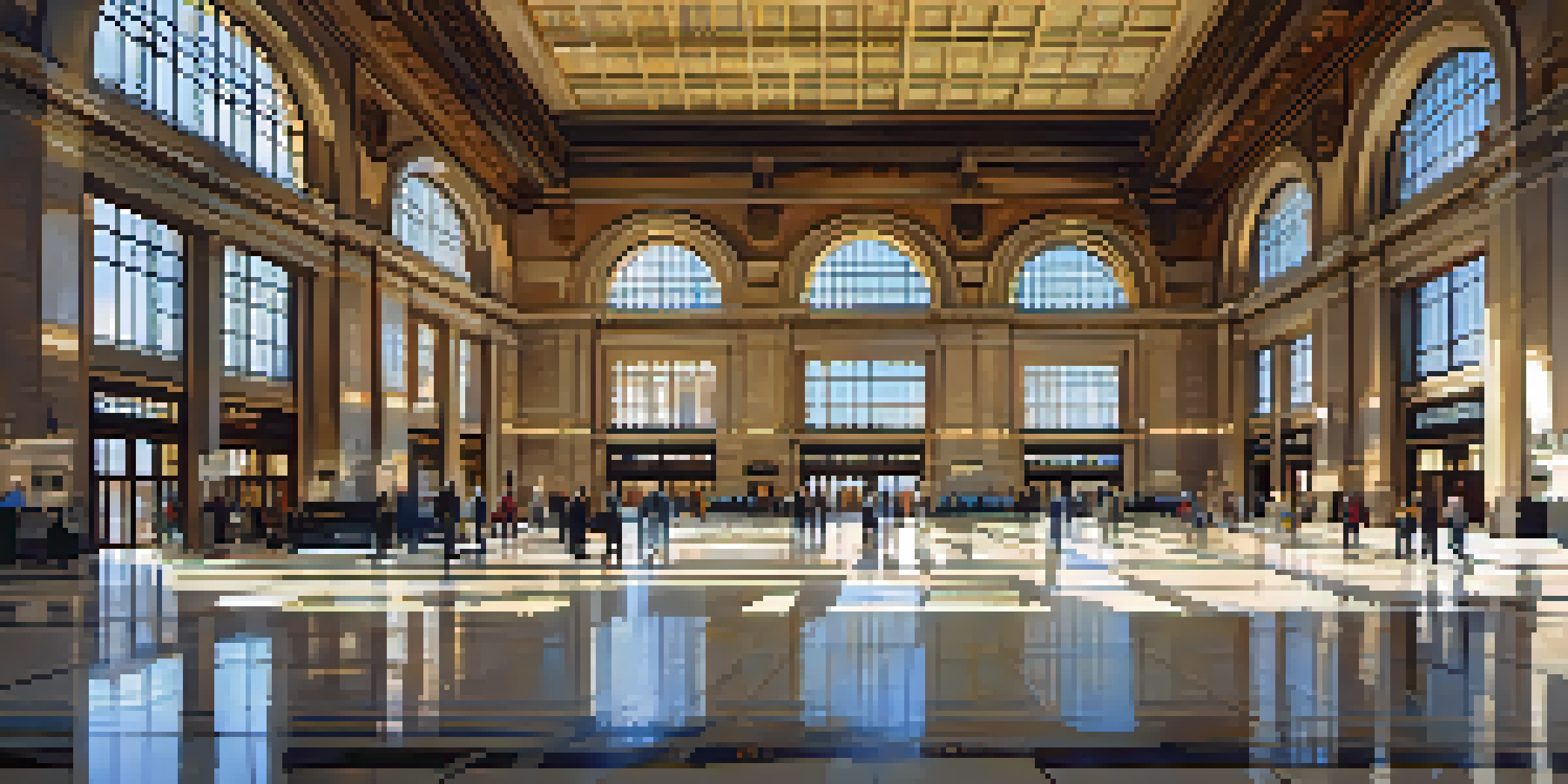 Interior of Kansas City Union Station featuring grand arches, intricate details, and natural sunlight illuminating the space with visitors enjoying their time.