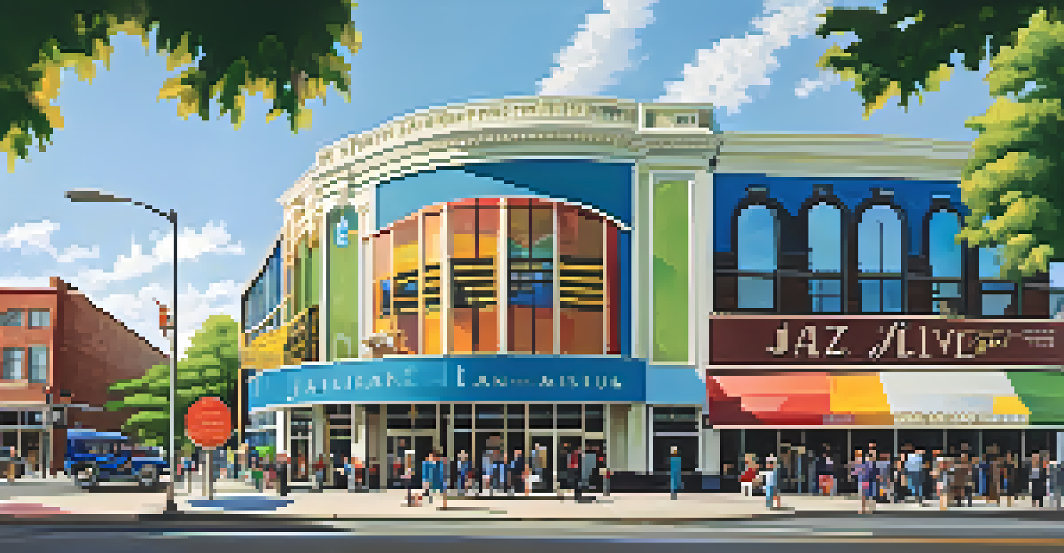 A panoramic view of the American Jazz Museum in the 18th and Vine Jazz District, showcasing a blend of modern architecture and historical elements with visitors outside.