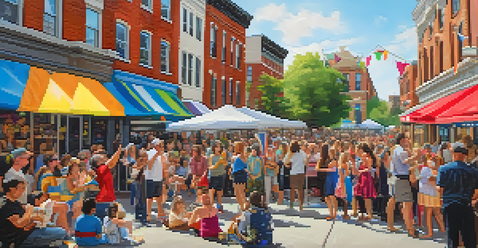 Street performers captivating an audience at the Lawrence Busker Festival, with colorful decorations and historic buildings in the background.