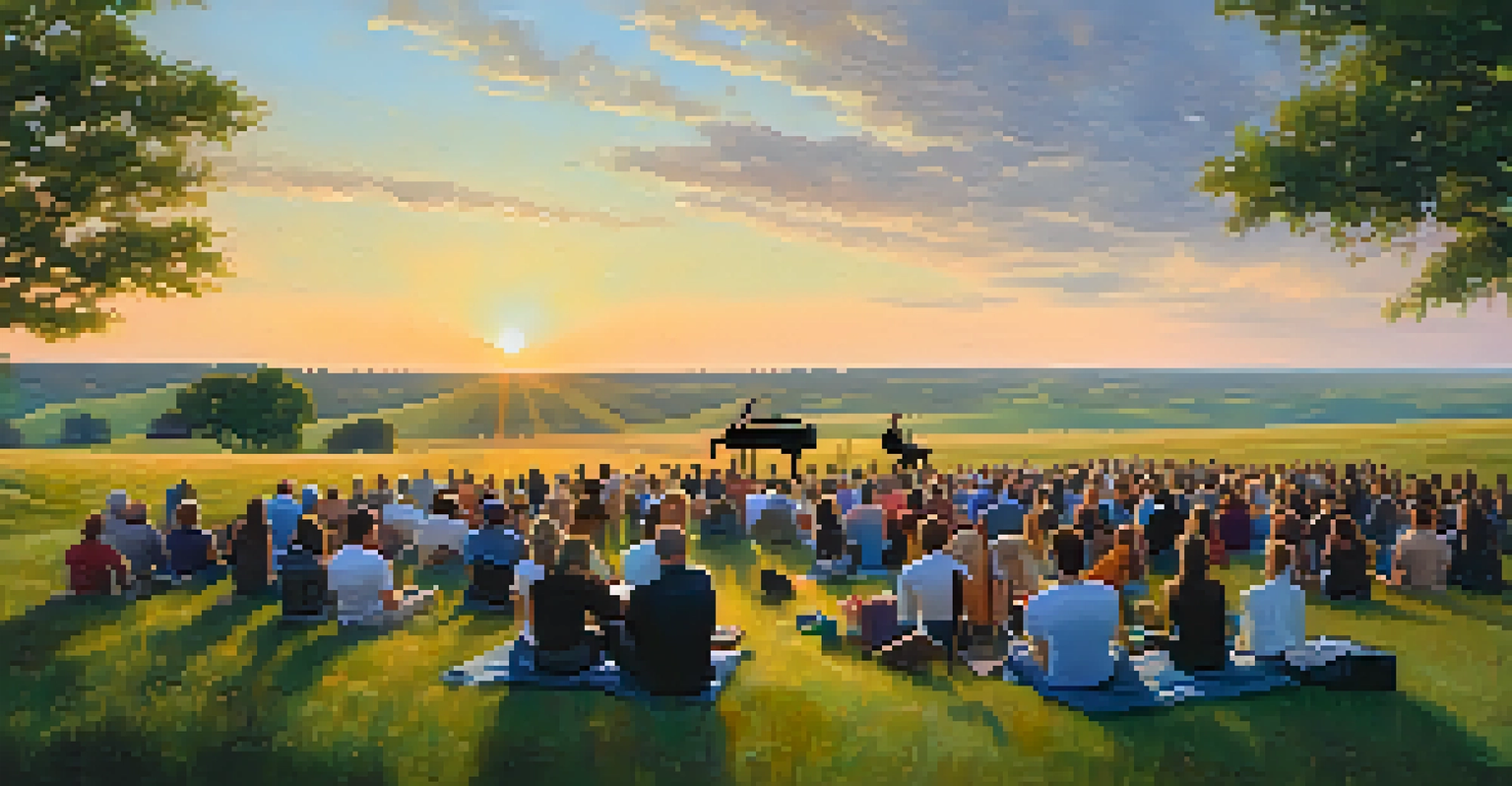 An audience enjoying a live orchestra performance at the Symphony in the Flint Hills, surrounded by rolling hills and a colorful sunset, creating a serene outdoor atmosphere.
