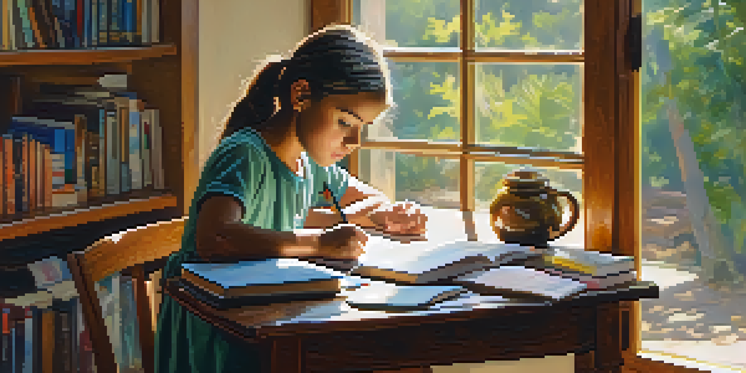 A young girl studying diligently at a small table filled with books, representing the determination to overcome educational challenges.