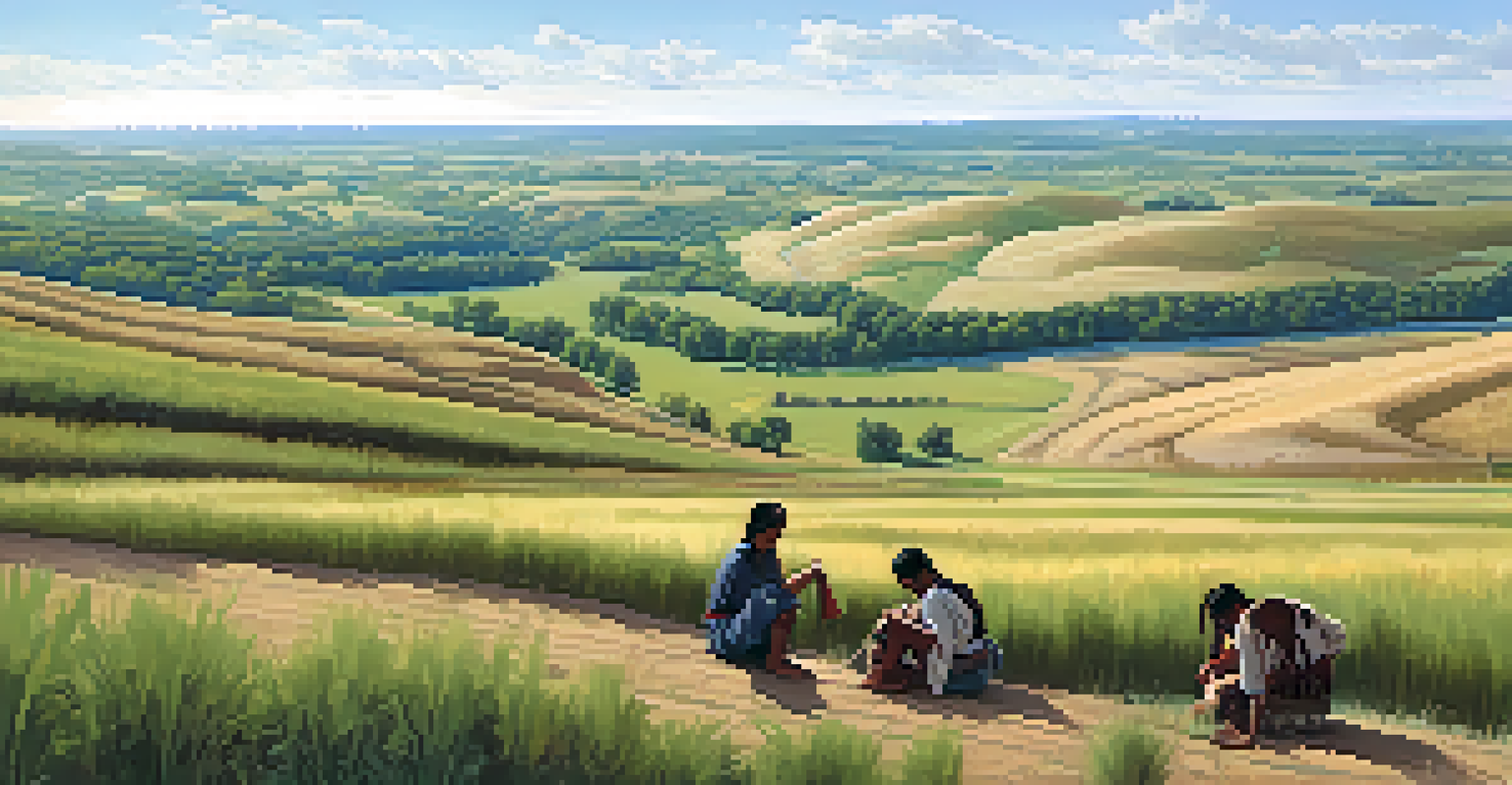 Native American youth participating in a cultural activity on rolling Kansas hills under a clear blue sky.