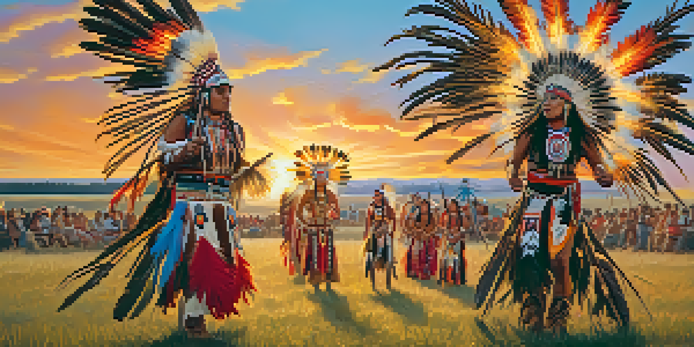 A traditional Native American powwow with dancers in colorful regalia performing around a fire at sunset.