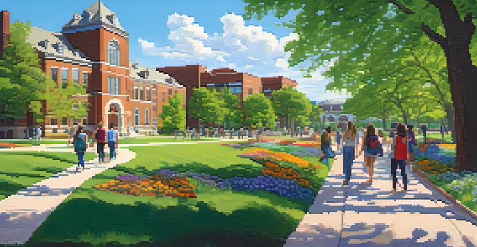 A lively campus scene at Kansas State University with students walking and discussing among colorful flower beds and green trees.