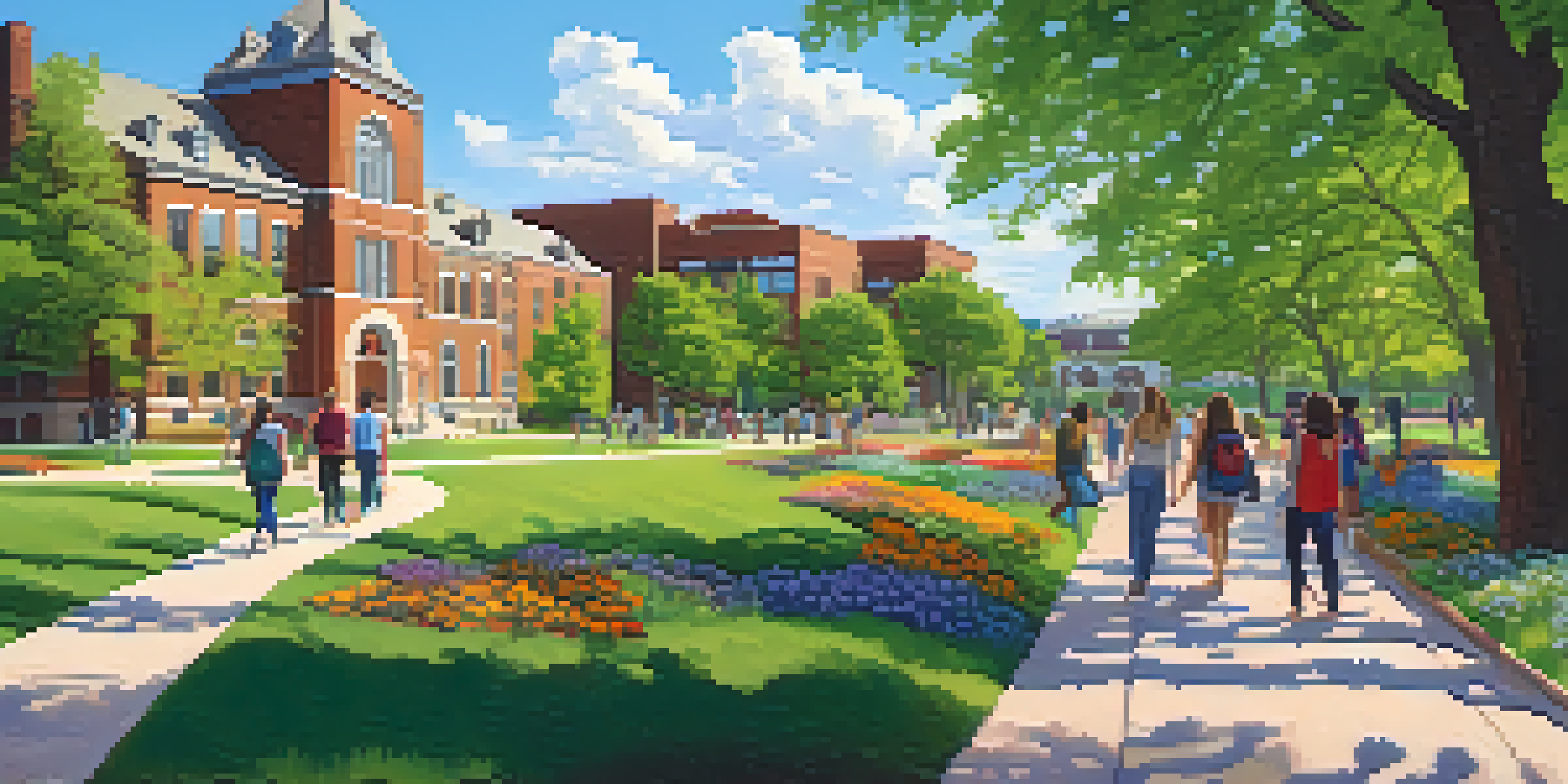 A lively campus scene at Kansas State University with students walking and discussing among colorful flower beds and green trees.