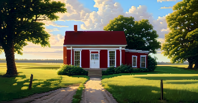 A picturesque rural landscape in Kansas featuring a one-room schoolhouse with a red brick exterior, surrounded by green fields and bathed in warm sunset light.