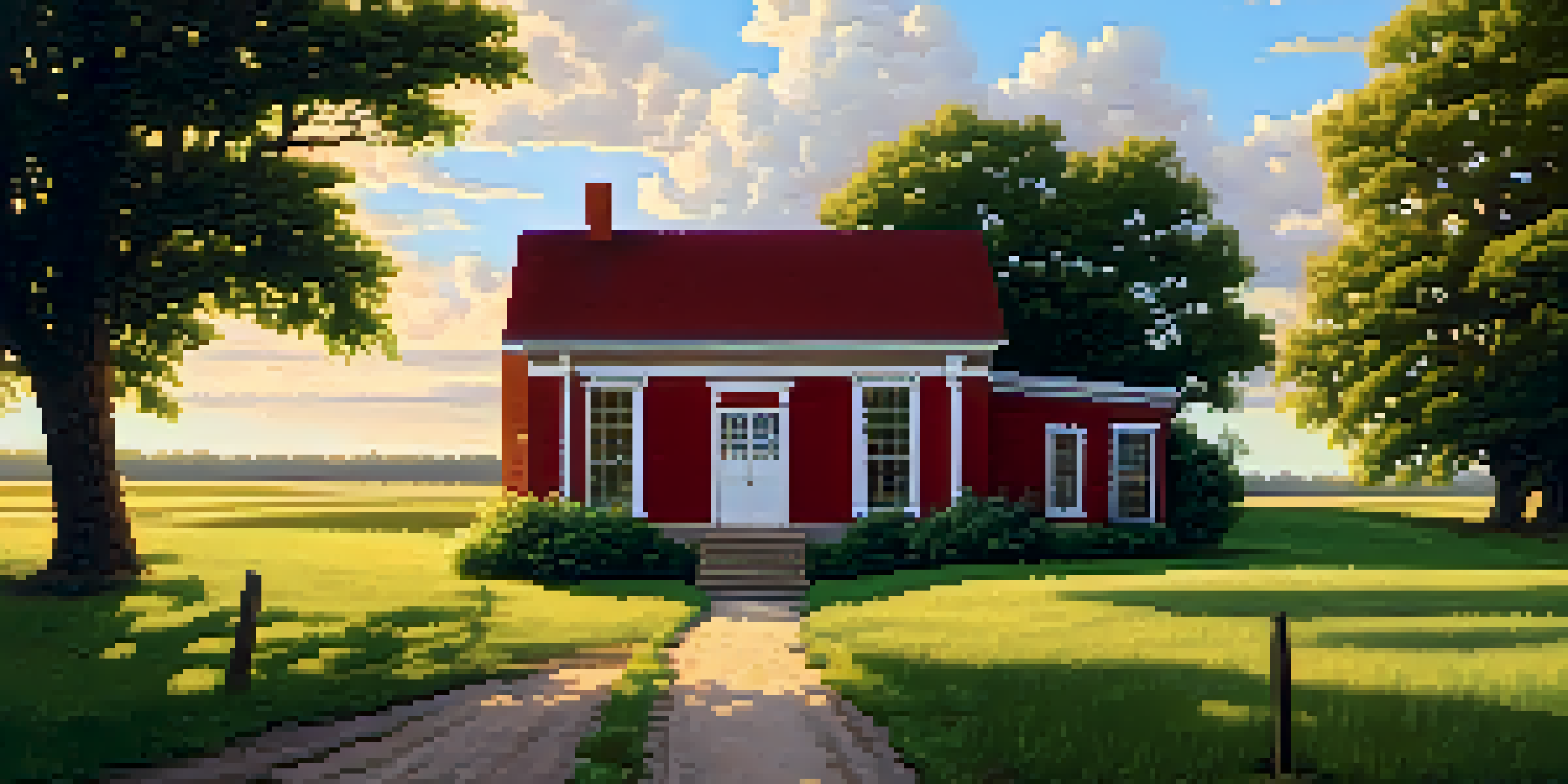 A picturesque rural landscape in Kansas featuring a one-room schoolhouse with a red brick exterior, surrounded by green fields and bathed in warm sunset light.