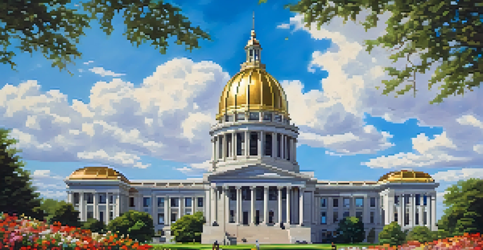 A bright view of the Kansas State Capitol with a gold dome, surrounded by green grass and flower beds under a blue sky.
