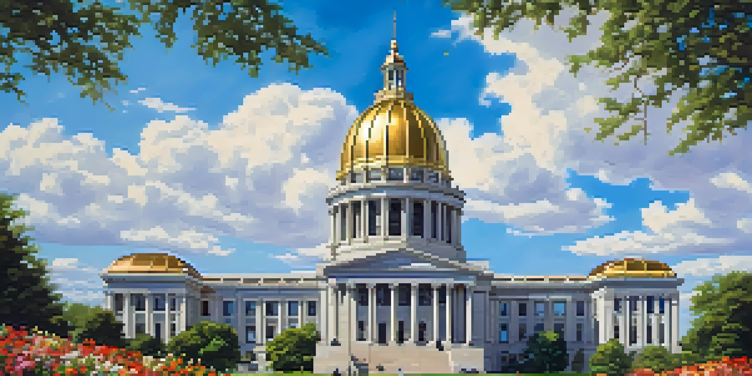 A bright view of the Kansas State Capitol with a gold dome, surrounded by green grass and flower beds under a blue sky.