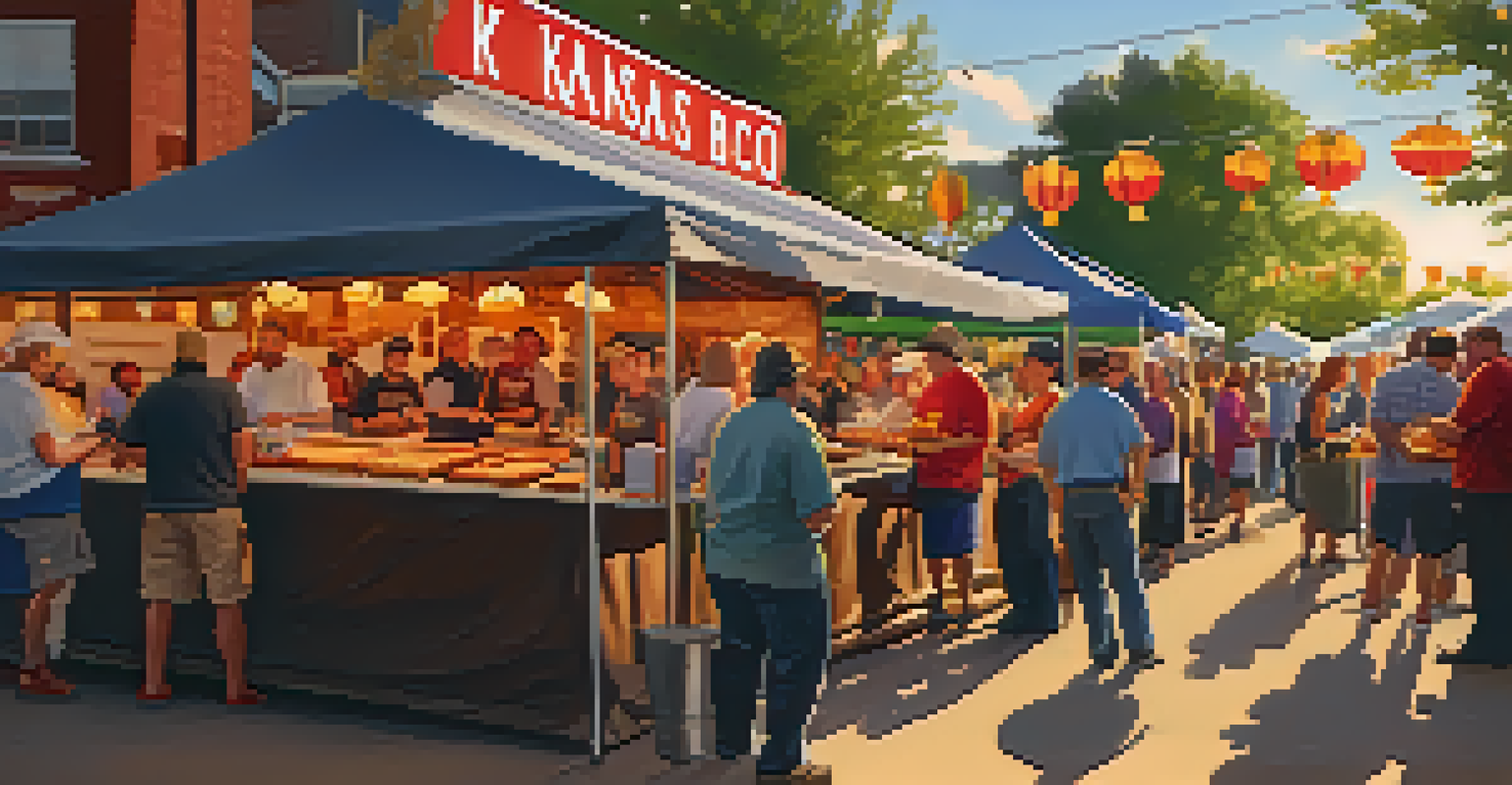 A food stall at the Kansas City BBQ Festival with vendors grilling and attendees sampling diverse cuisines.