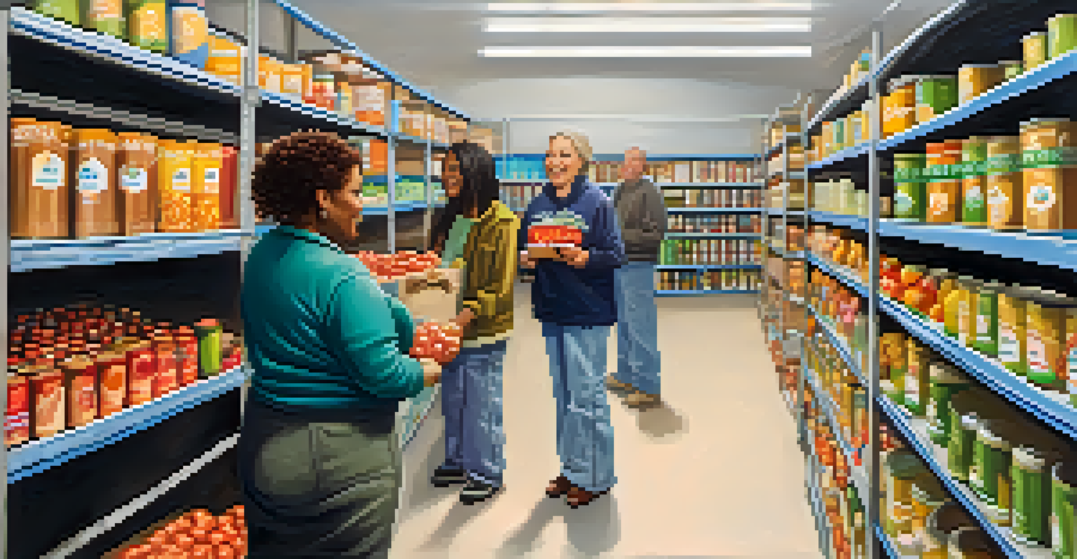 A heartwarming scene inside a food bank with volunteers handing out food to families, showcasing community support and kindness.
