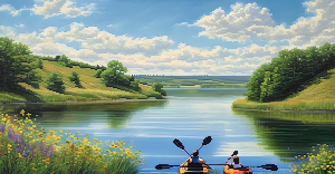 A picturesque view of a Kansas lake with kayakers, surrounded by hills and wildflowers under a clear blue sky.