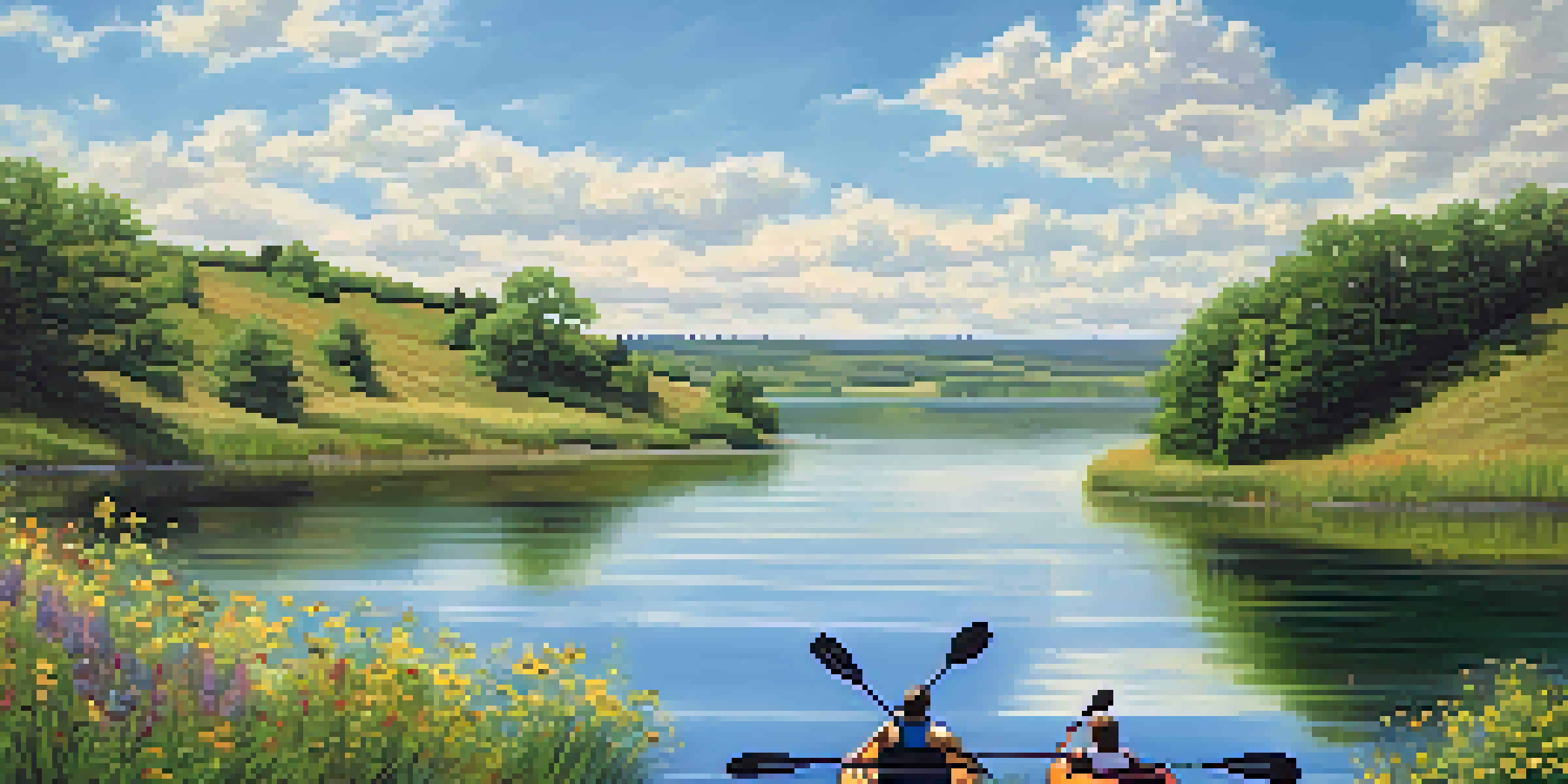 A picturesque view of a Kansas lake with kayakers, surrounded by hills and wildflowers under a clear blue sky.