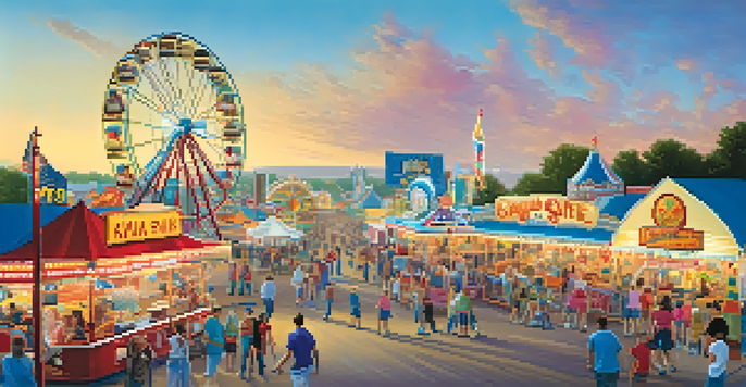 Families enjoying the Kansas State Fair with rides, games, and colorful food stalls.