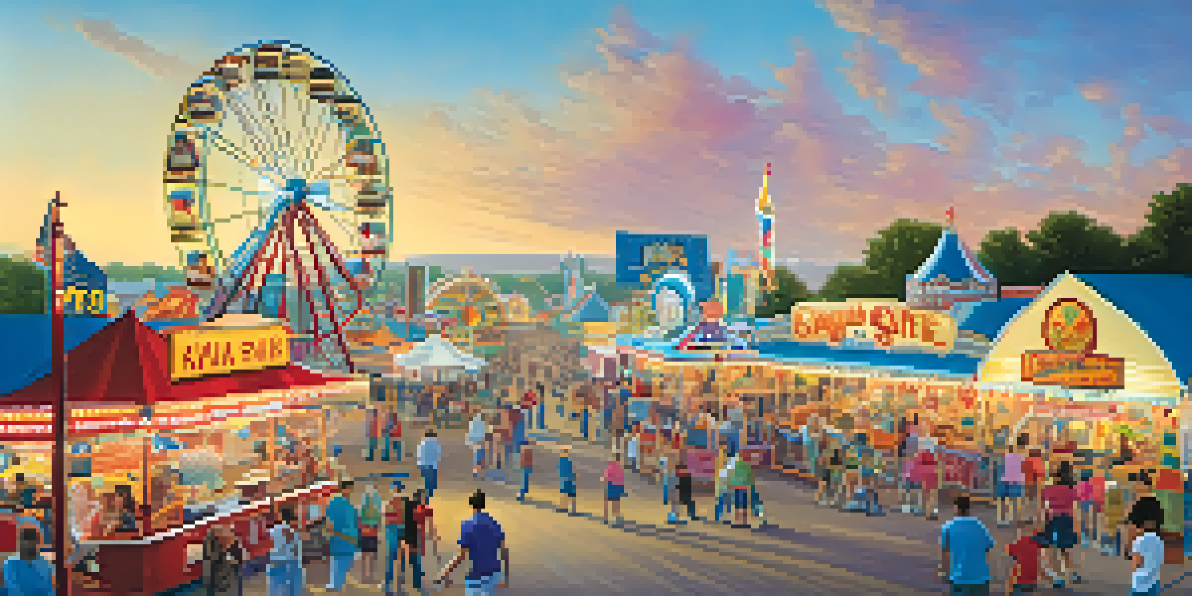 Families enjoying the Kansas State Fair with rides, games, and colorful food stalls.