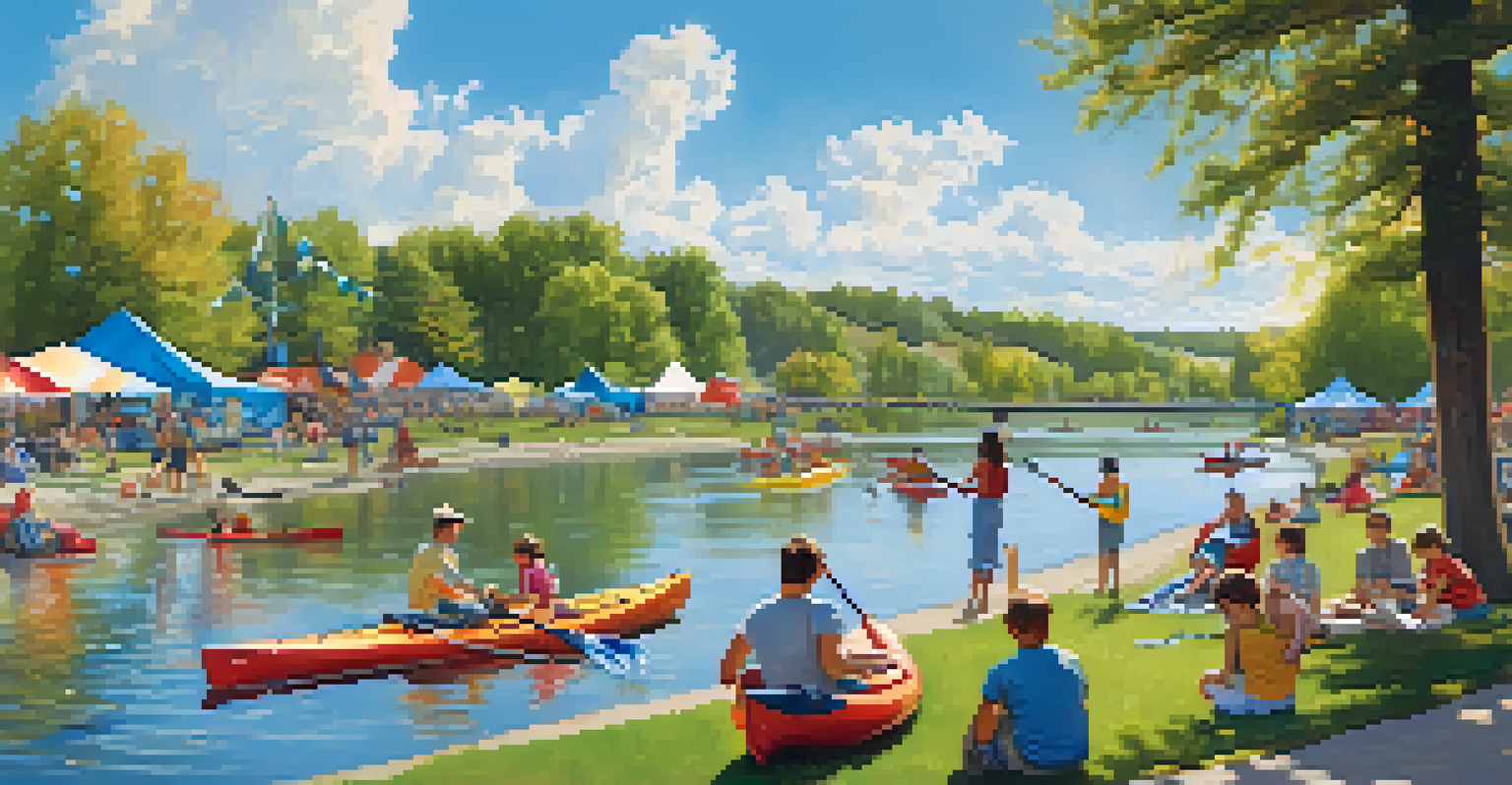 A lively riverside park along the Missouri River with families picnicking and people kayaking, set against a backdrop of blue skies and trees.