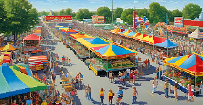 A lively Kansas State Fair scene with colorful booths and a parade, filled with families enjoying the festivities.