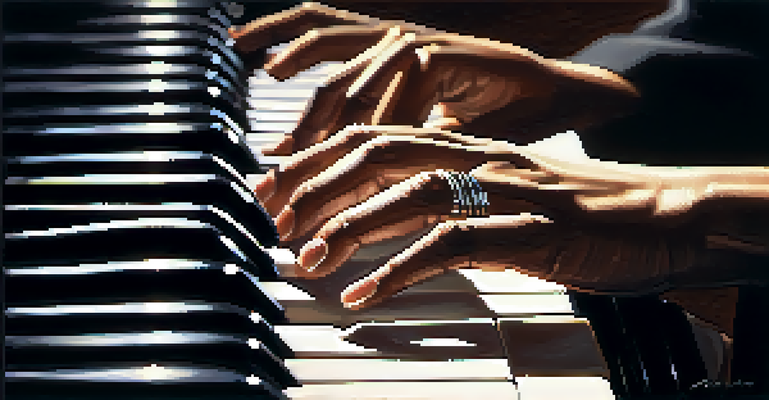 A close-up shot of a jazz musician's hands playing the piano, emphasizing the artistry and atmosphere of a jazz performance.