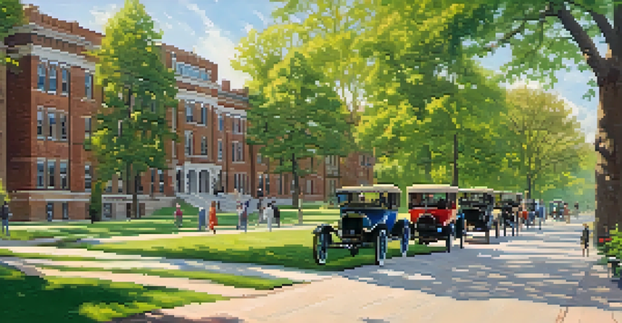 A historic image of Kansas State University in the early 1900s with students walking on a tree-lined pathway next to classic brick buildings.