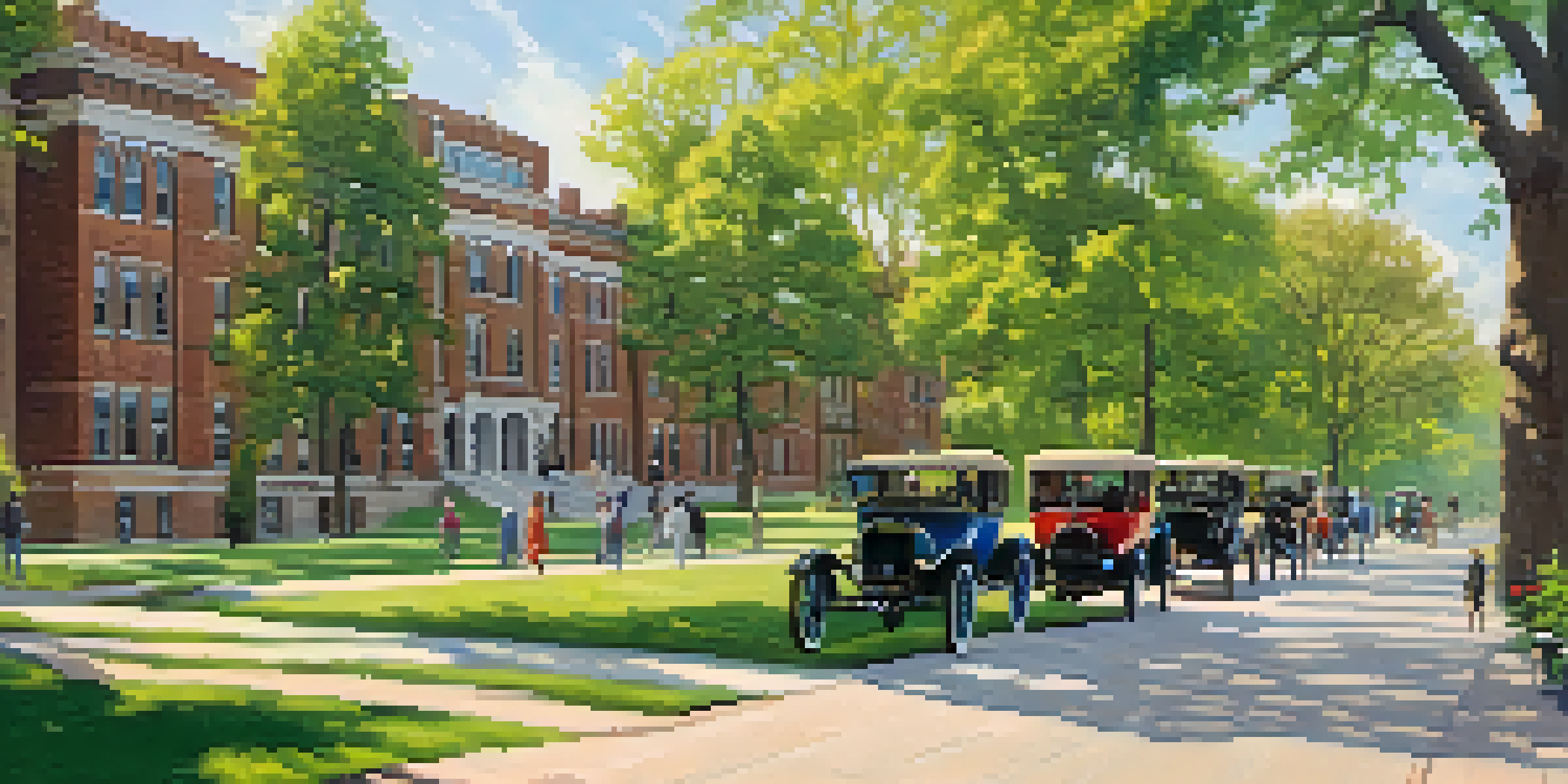 A historic image of Kansas State University in the early 1900s with students walking on a tree-lined pathway next to classic brick buildings.