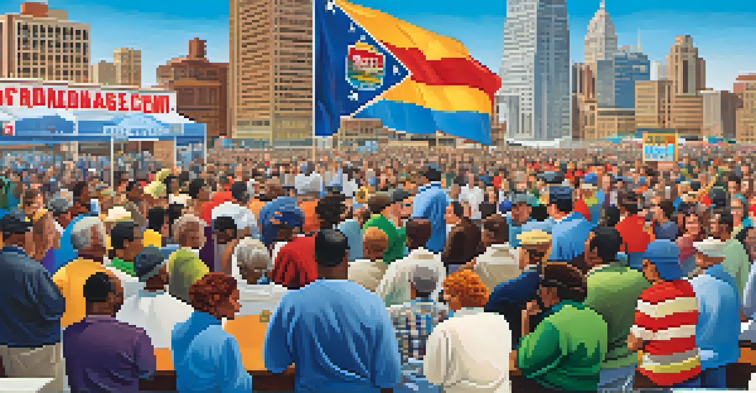 A vibrant political campaign event in Kansas City with a diverse crowd and city skyline in the background.