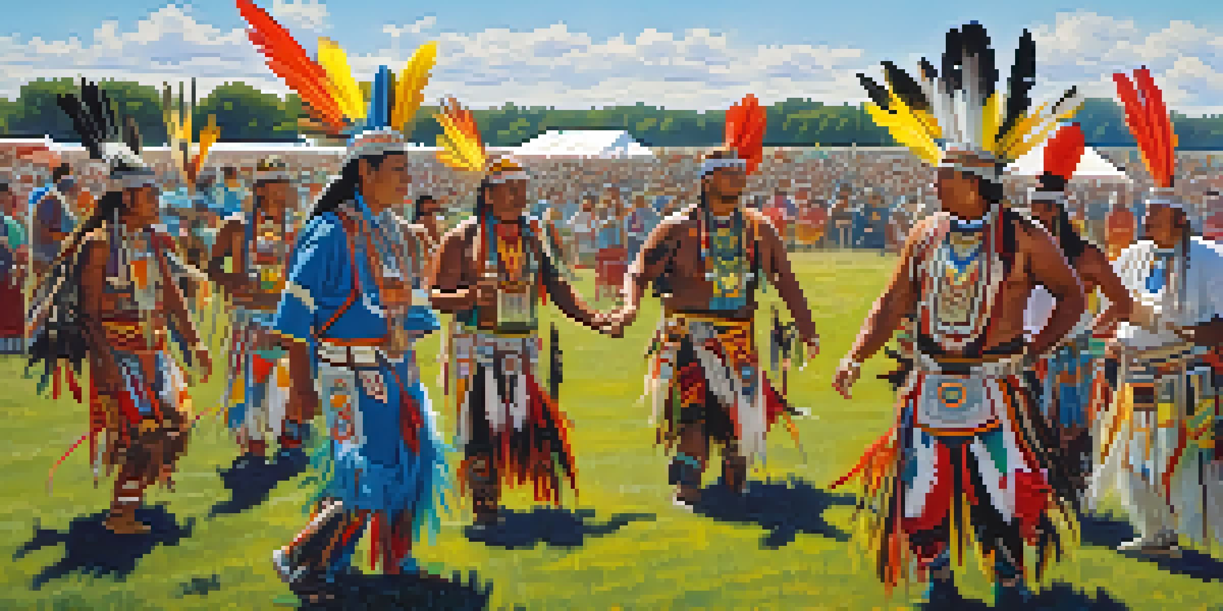 A lively powwow with dancers in colorful traditional attire and a diverse audience under a clear blue sky.
