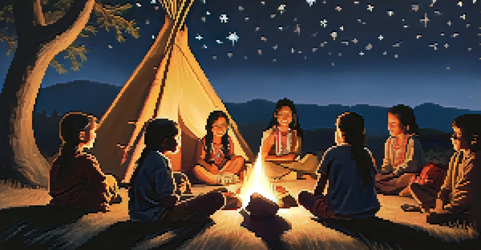 A Native American storyteller sharing tales with children around a campfire at night, with a starry sky above.