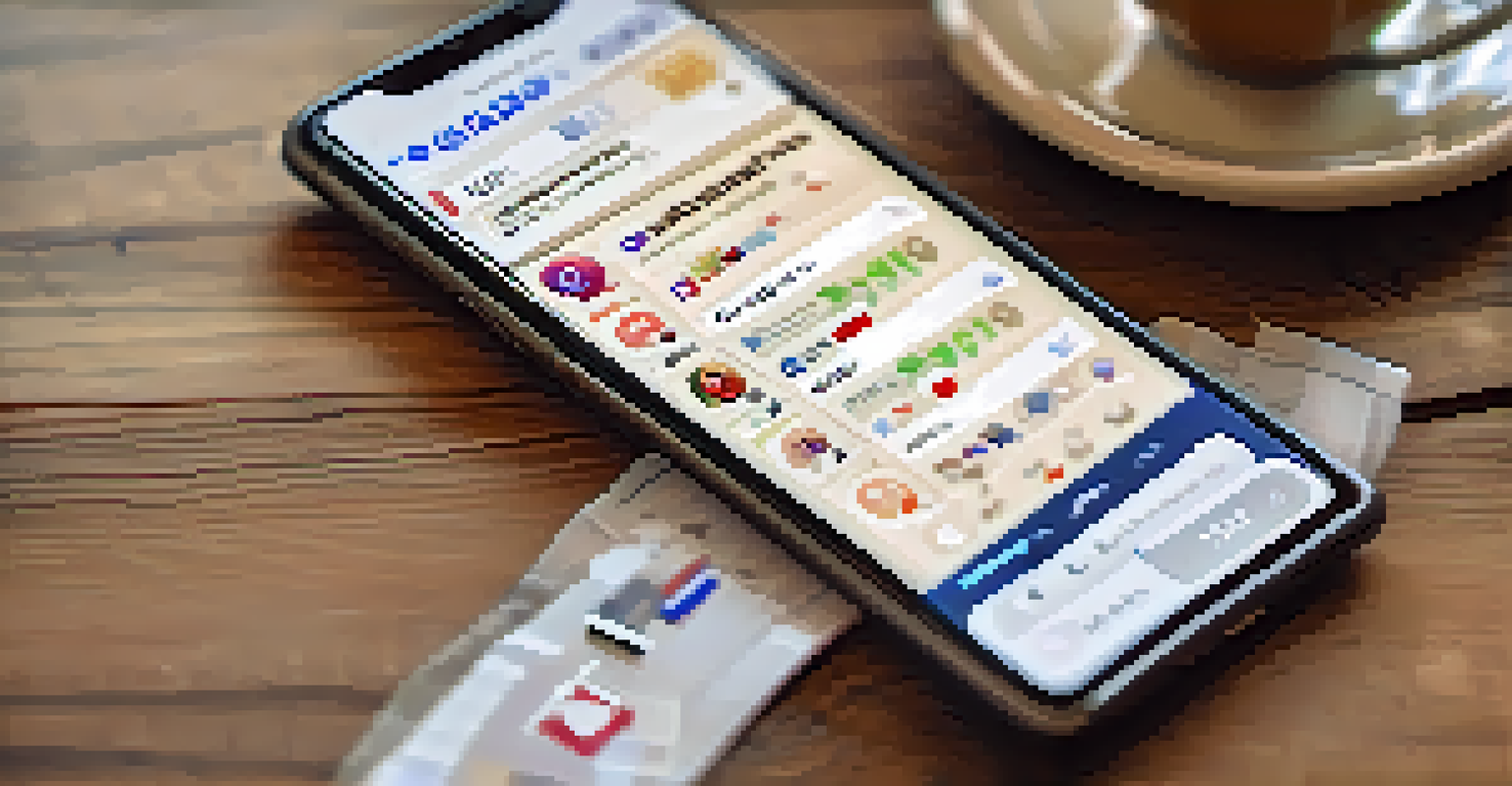 A close-up of a smartphone showing a social media feed with political campaign posts and interactive polls on a coffee shop table.
