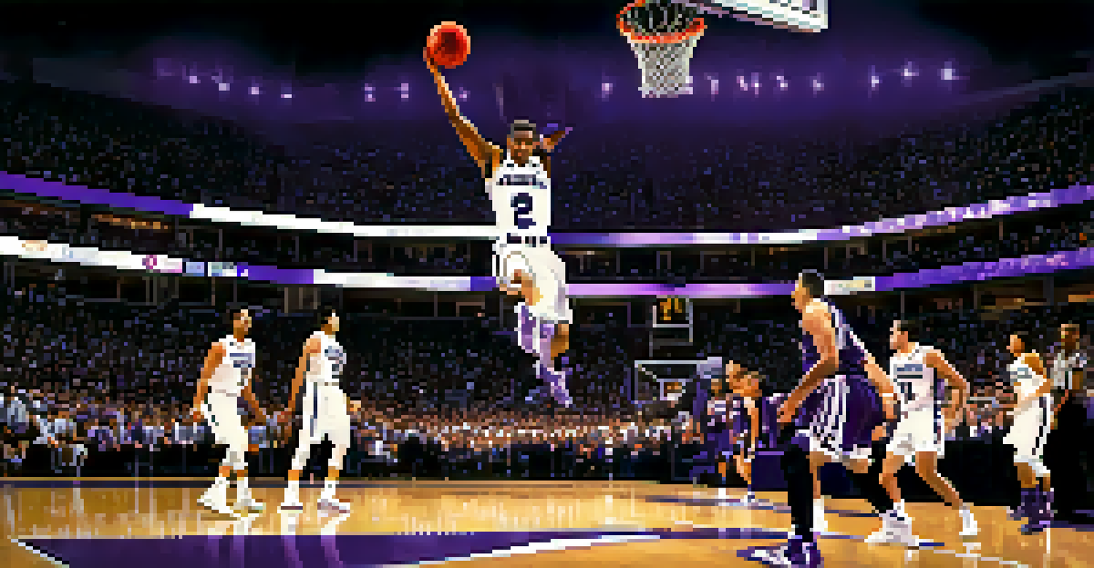 A K-State Wildcats basketball player performing a slam dunk in a packed arena with a vibrant crowd and bright lights.