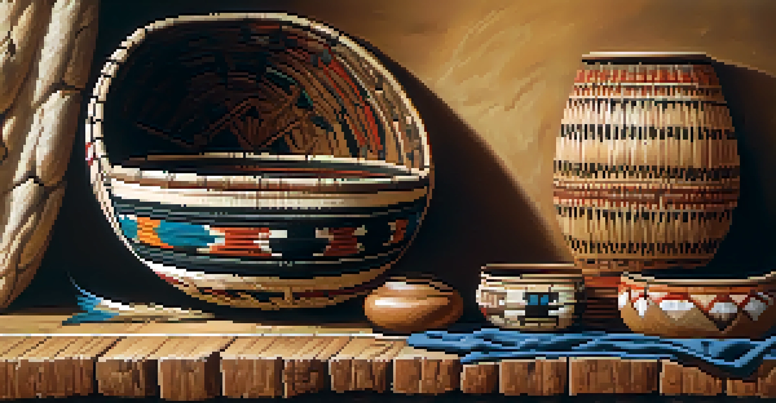 A detailed close-up of a traditional Native American artifact, such as a woven basket, set against natural materials, showcasing its craftsmanship.