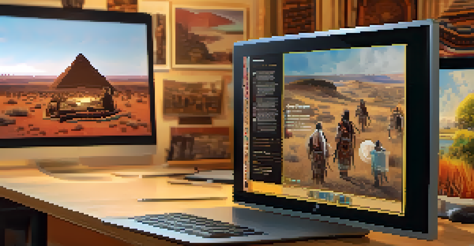 A digital archive featuring Native American histories on a computer screen, surrounded by books and artifacts that reflect the culture.