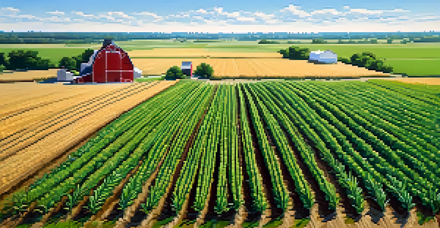 Aerial view of a lush cornfield in Kansas with a red barn in the background, highlighting agricultural richness.