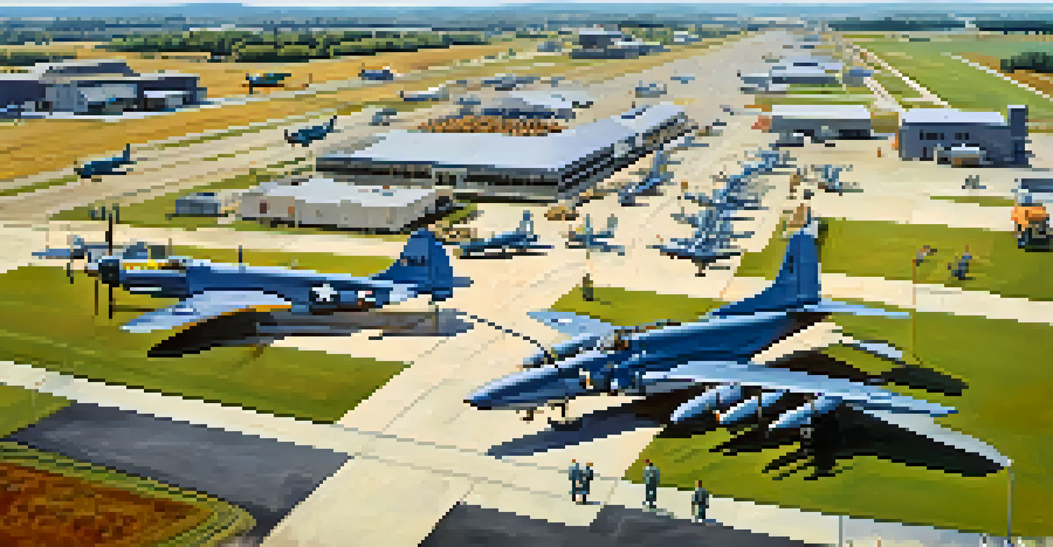 An aerial view of Richards-Gebaur Air Force Base during World War II, featuring aircraft on the tarmac with crew members and buildings under a bright blue sky.