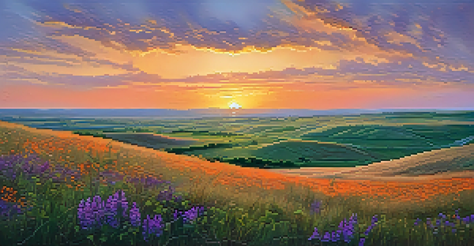 A wide landscape of the Flint Hills during sunset with tallgrass prairie and colorful wildflowers.