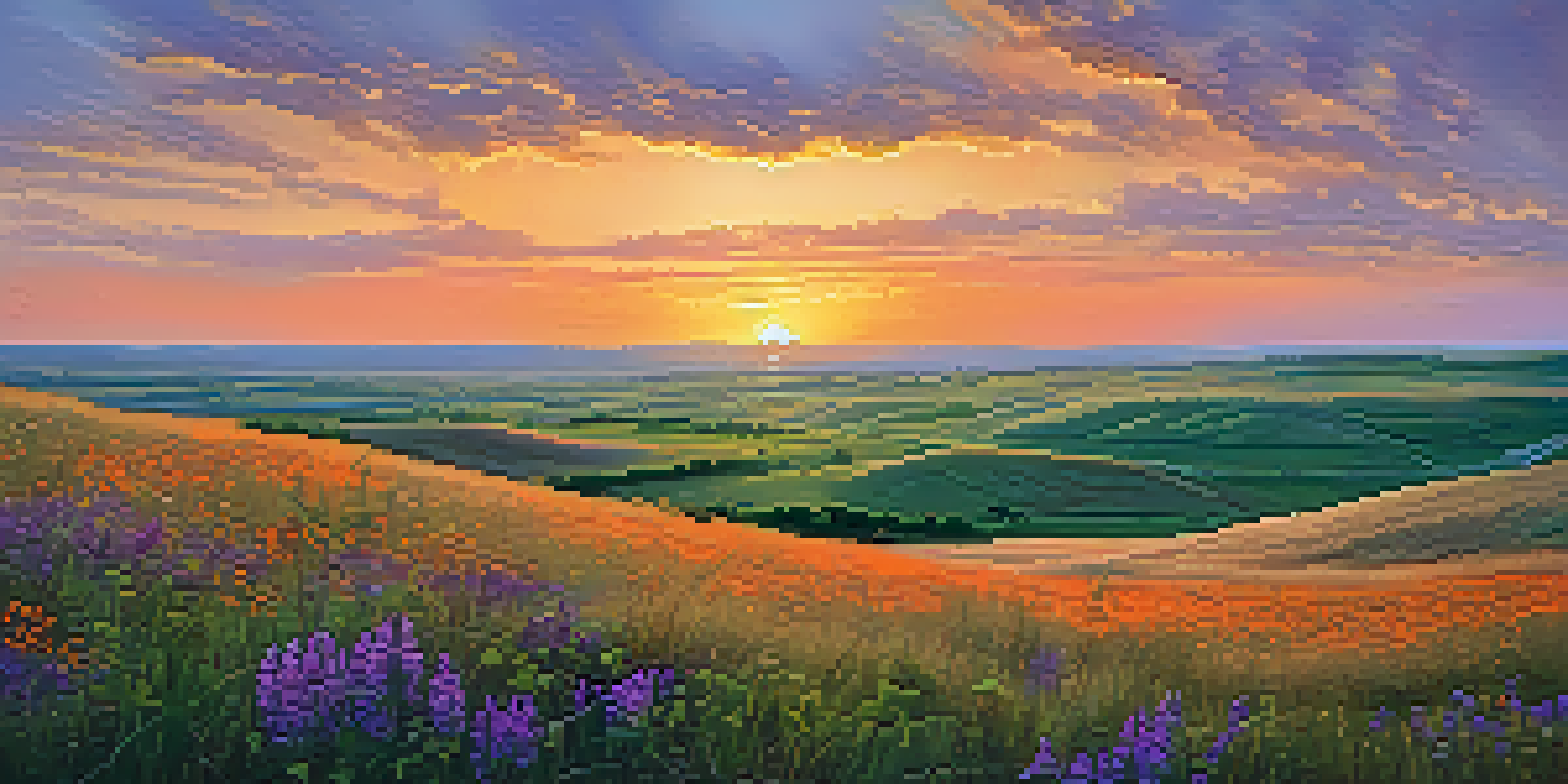 A wide landscape of the Flint Hills during sunset with tallgrass prairie and colorful wildflowers.