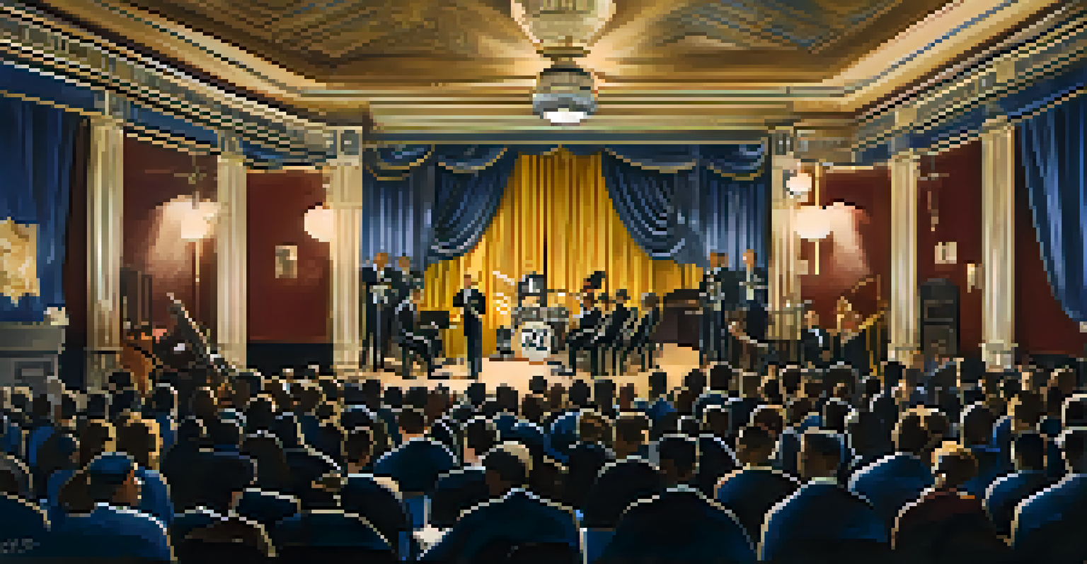 A historical depiction of The Blue Room, a jazz club filled with musicians and an attentive audience in 1930s attire.