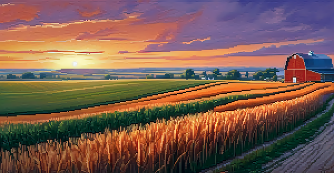 A peaceful Kansas landscape at sunset with wheat fields, a red barn, and a winding dirt path.