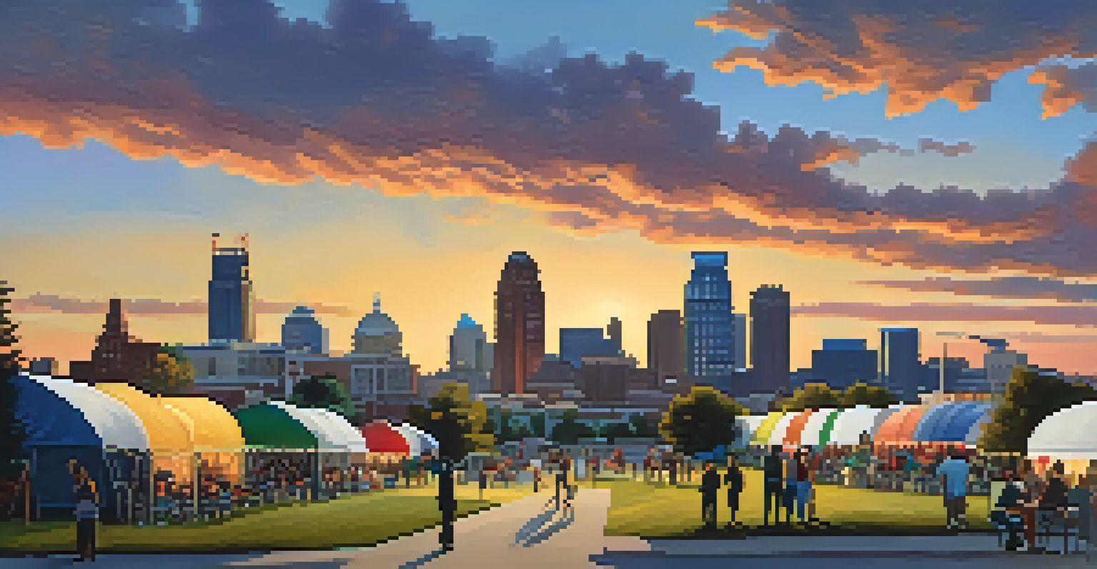 A sunset view of the Kansas City skyline with a lively community event taking place in the foreground.