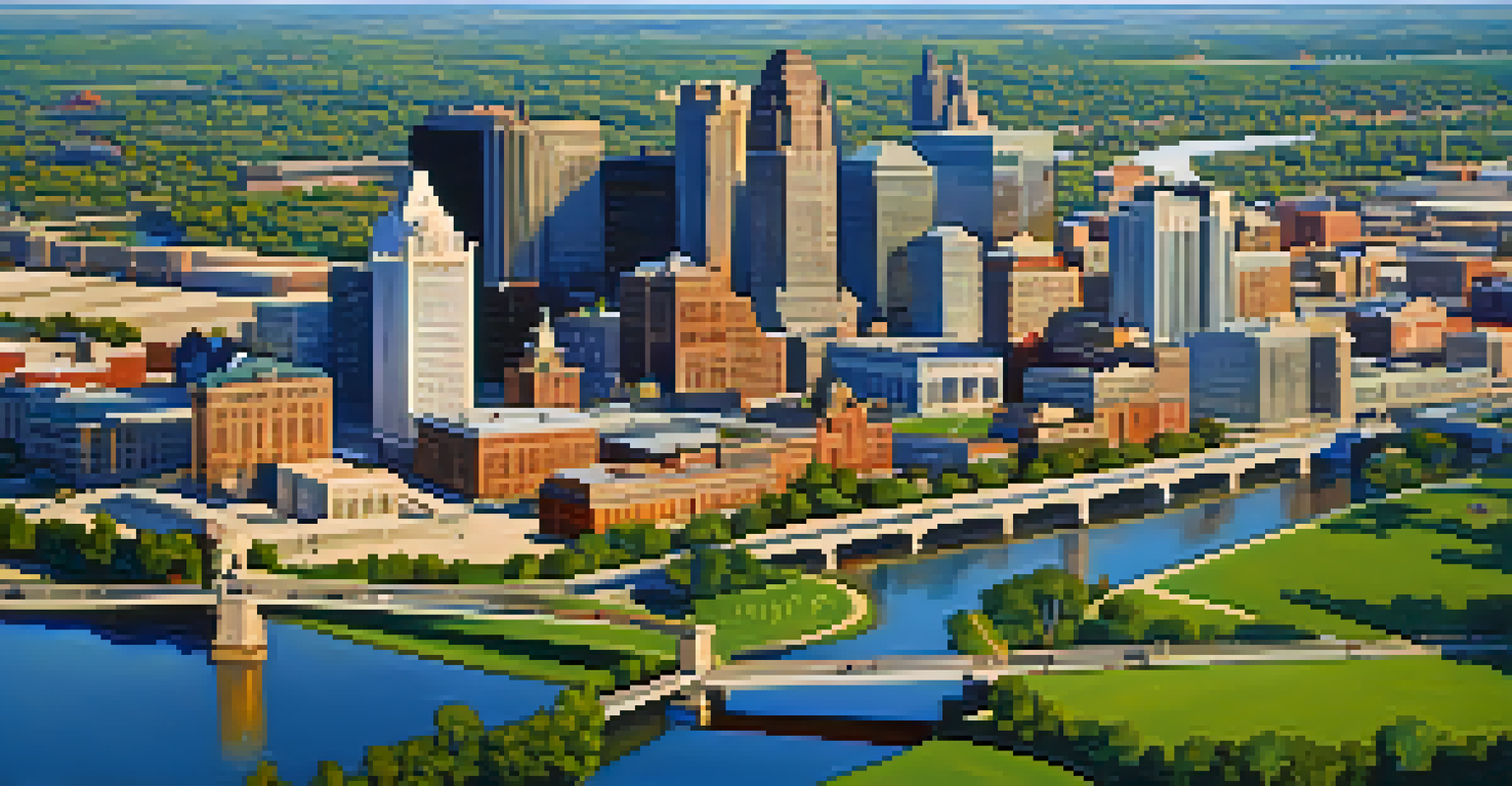 Aerial view of Kansas City downtown skyline with skyscrapers, parks, and the Missouri River in soft morning light.