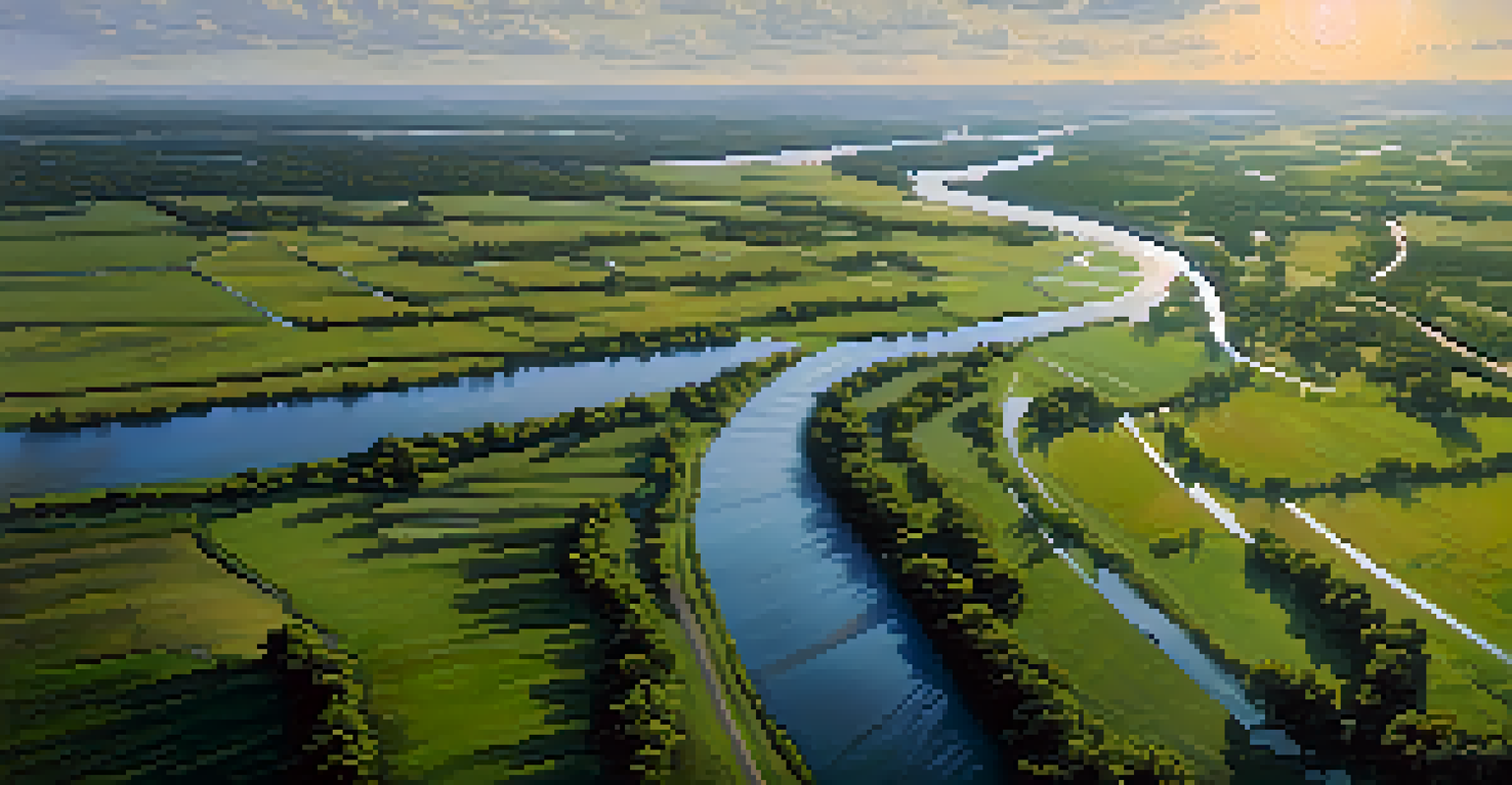 An aerial view of the Arkansas River in Kansas, showcasing its winding path through green valleys and agricultural fields.
