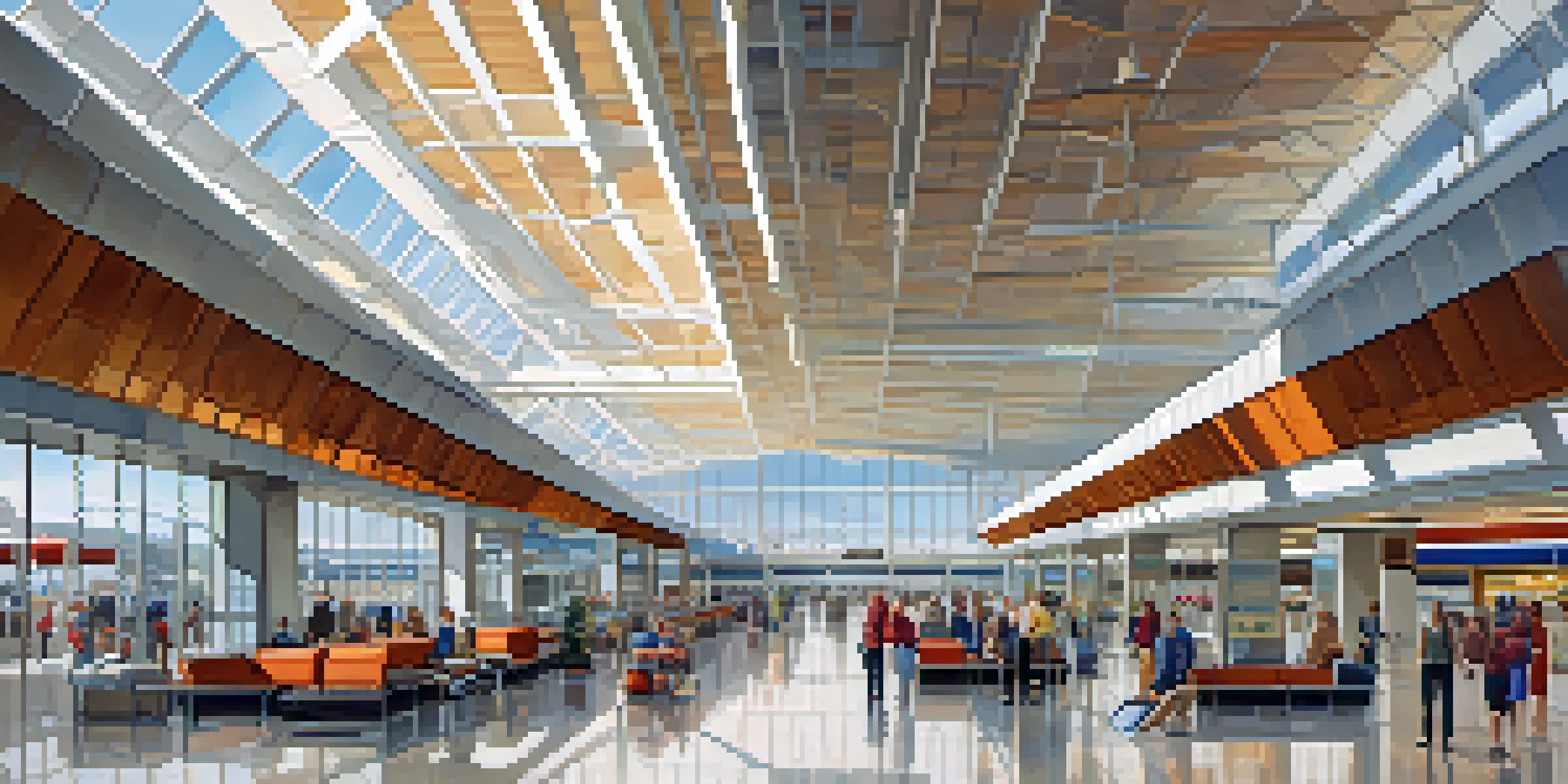 Interior view of a modern airport terminal with high ceilings and large windows, featuring passengers navigating through the space with visible signage and seating areas.