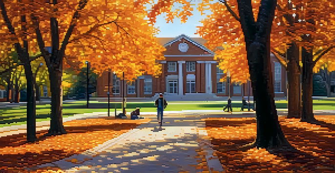A beautiful autumn scene at Kansas State University with colorful leaves and students walking.